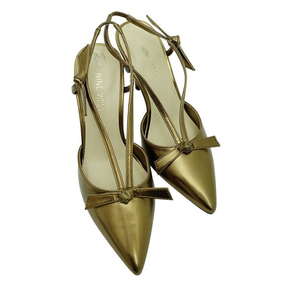 Nine West Metallic Bronze Slingback Stiletto Pointed Toe Bow Heels - Size 6.5 - Picture 1 of 8